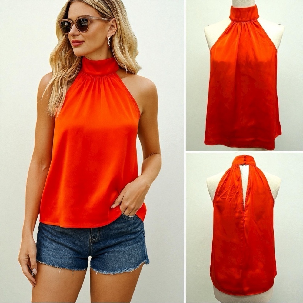 383 Express | NWOT Orange Satin Mock Neck Halter Top (size XS)